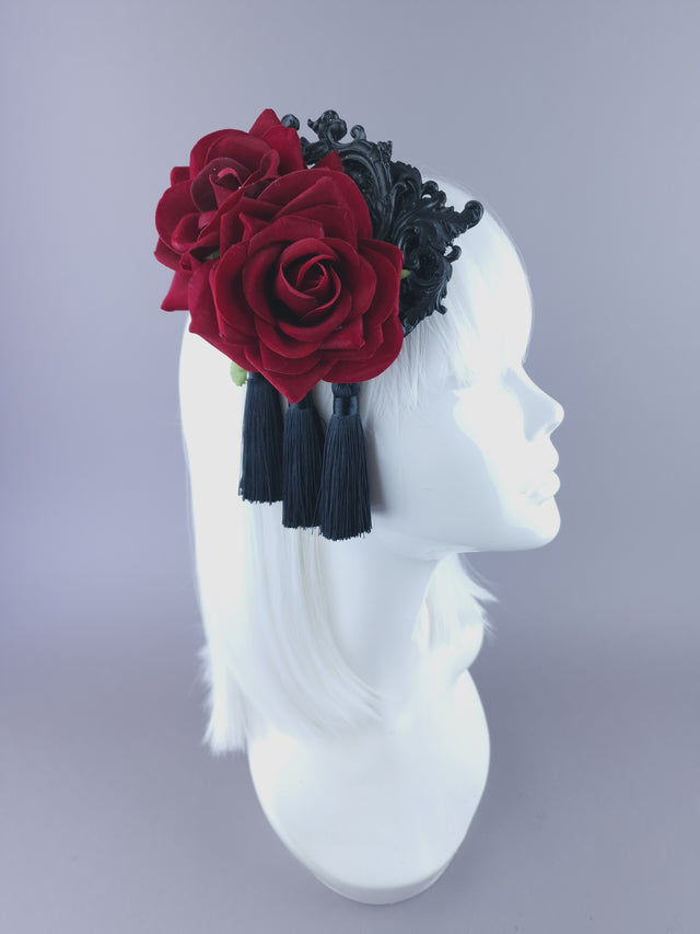 "Lola" Red Rose, Filigree & Tassle Mini Fascinator