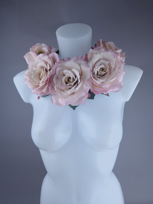 "Dawn" Pale Dusky Pink Rose Headdress & Neckpiece