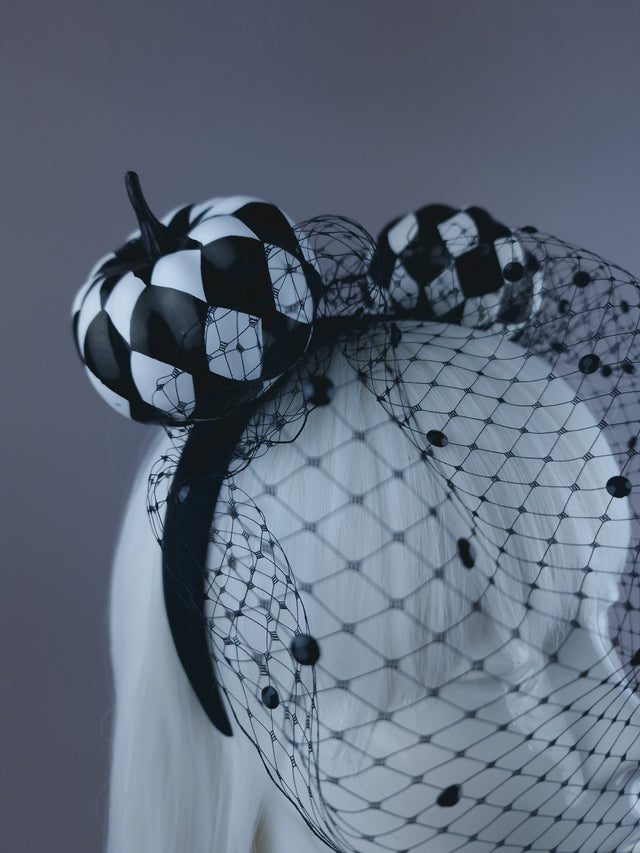 "Boo" Black & White Pumpkin Ear Veil Headdress