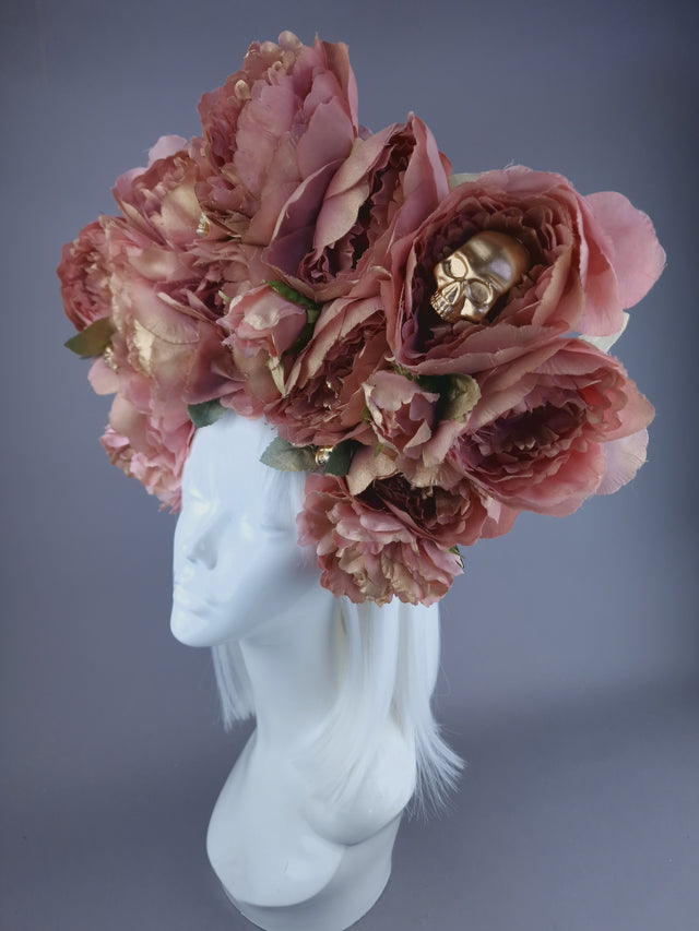 "Aya" Dusky Pink & Gold Peony Headdress with Skulls