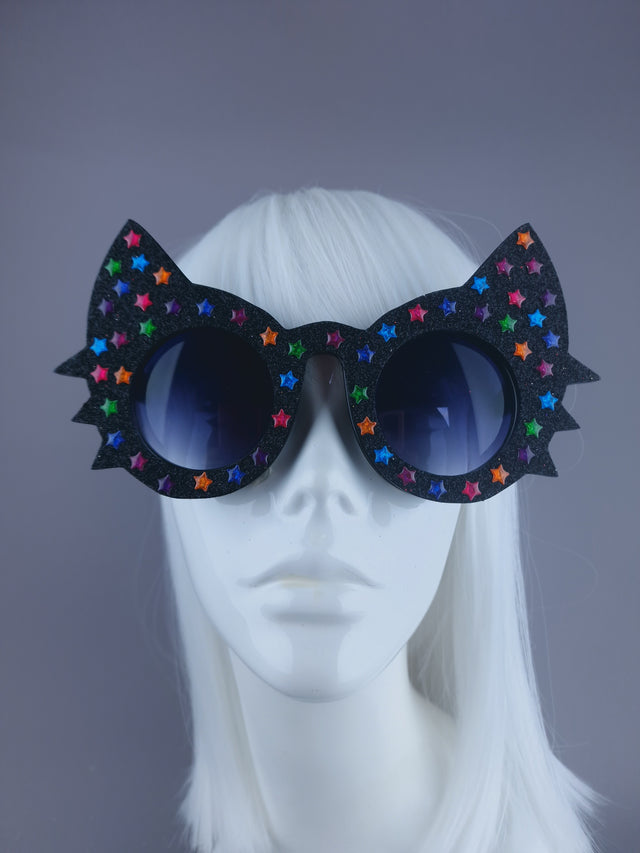 "Meowzer" Black Glitter Star Cat Sunglasses