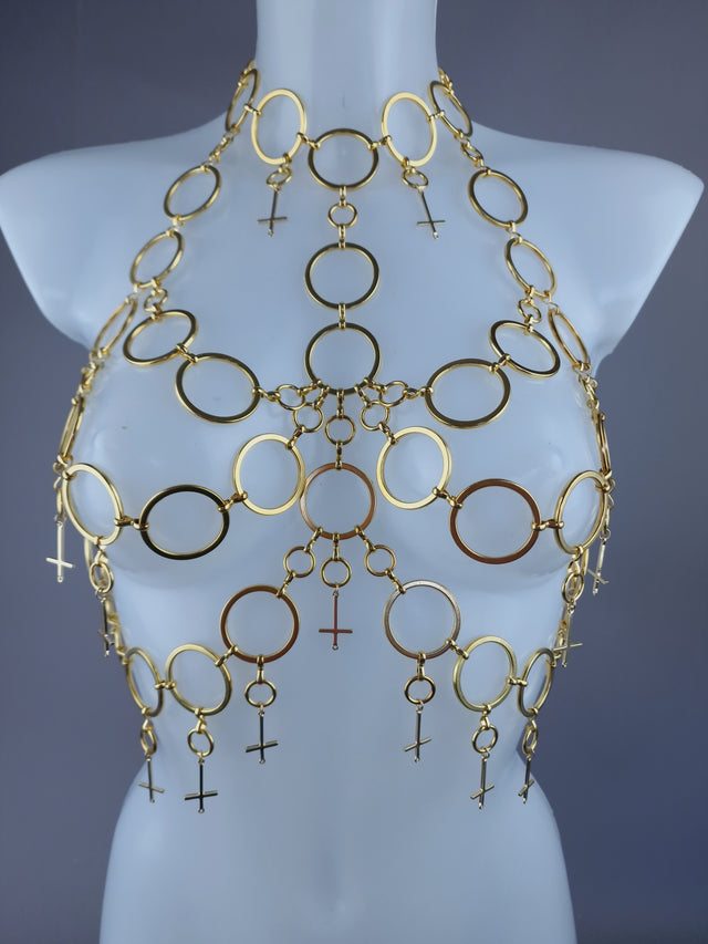 "Fiend" Gold Ring & Upside Down Crosses Jewellery Harness