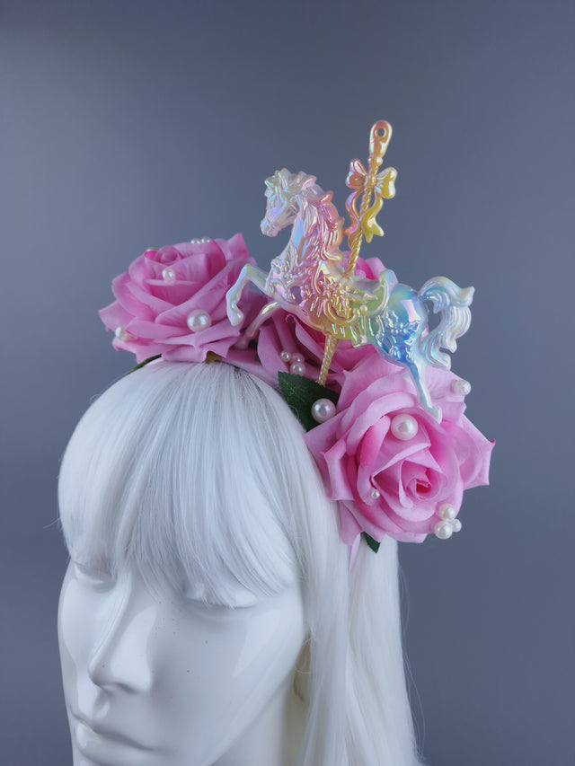 "Spin" Velvet Pink Rose, Pearls & Carousel Horse Headdress