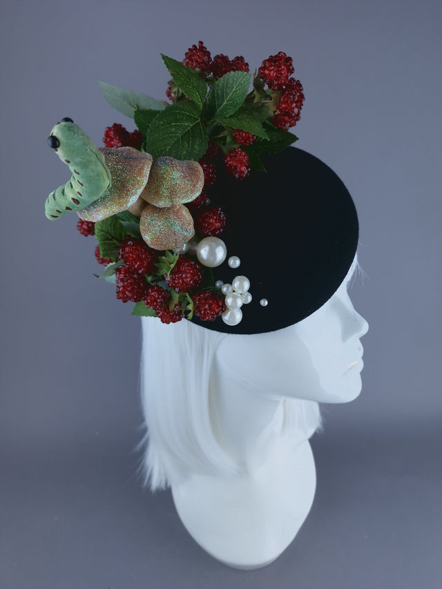 "Joy" Raspberries, Pearls, Mushroom & Caterpillar Fascinator Hat