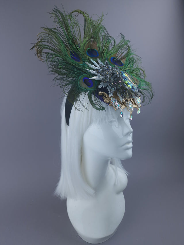 Pearls & Swine: Jewel & Peacock Feather Fascinator Hat "Nile"