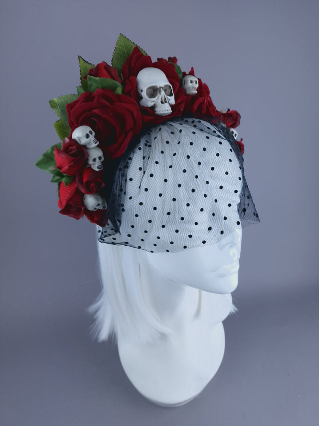 "Dearly Beloved" Red Rose, Skull Veil Headdress