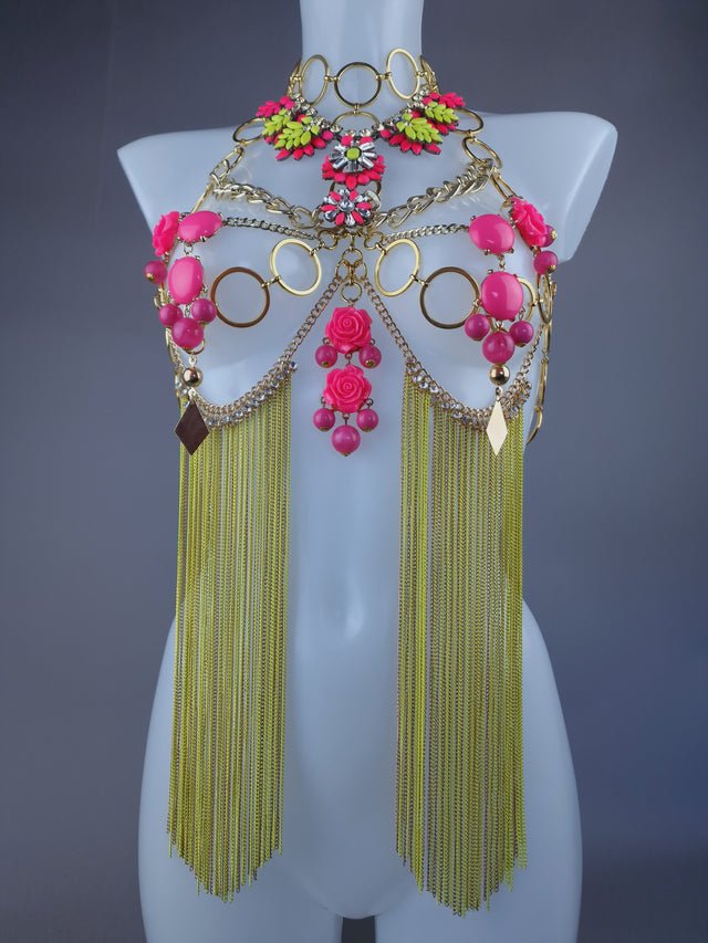 "Hermia" Neon Yellow & Pink Jewel & Chain Harness