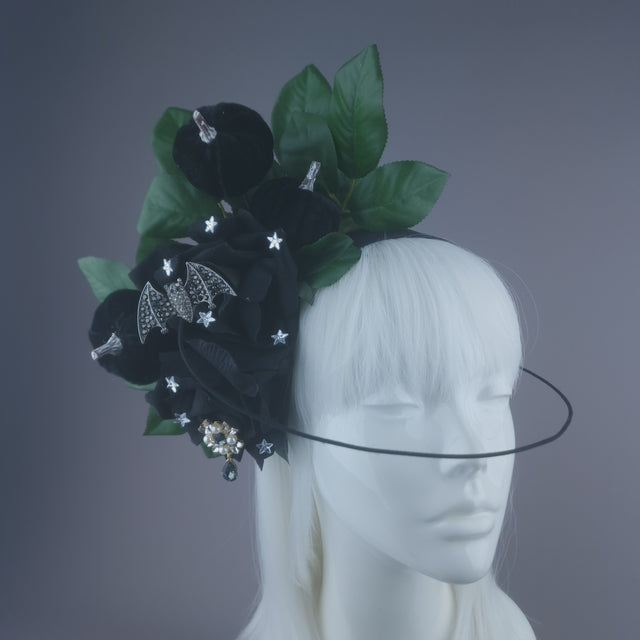Pearls & Swine: Black Roses & Bat Headband Headpiece "Belfry"