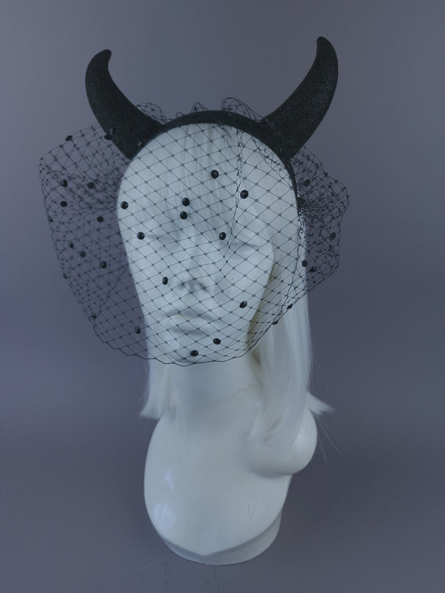 Pearls & Swine: Large Black Glitter Devil Horn Veil Headpiece "Hot Stuff"