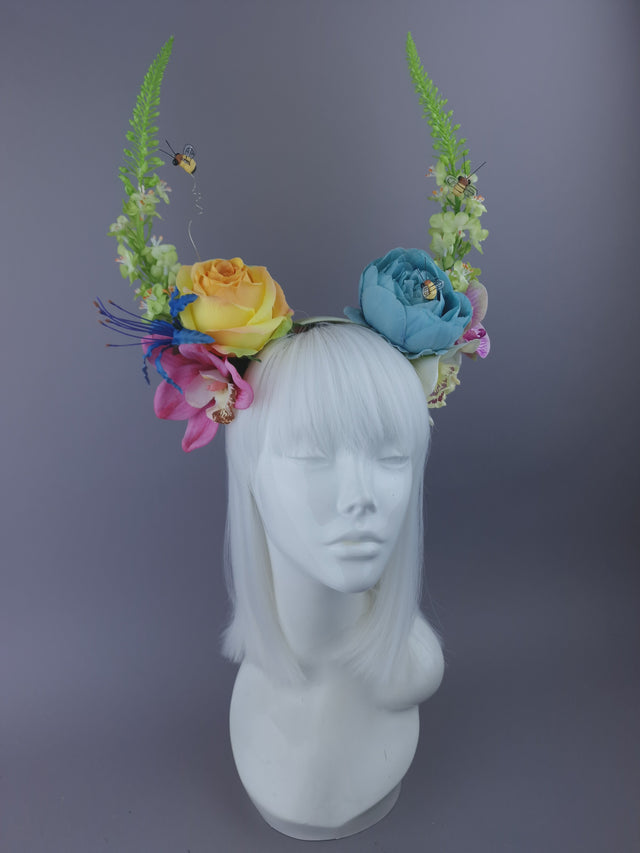 Pearls & Swine: Maximalist Floral Horn Headpiece with Bees "Fae"