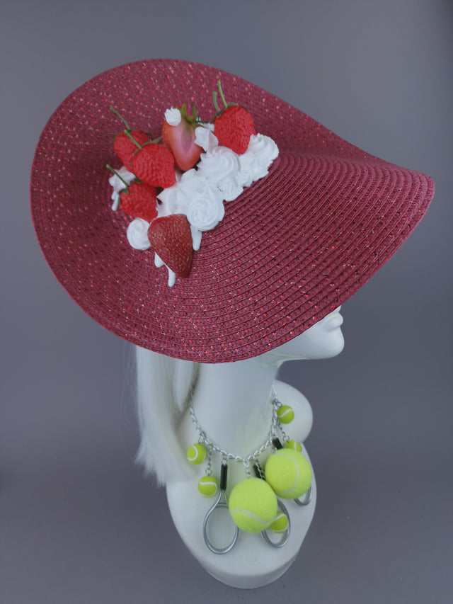 Pearls & Swine: Bespoke Commission Wimbledon Strawberries & Cream Hat with Tennis Ball & Racket Necklace