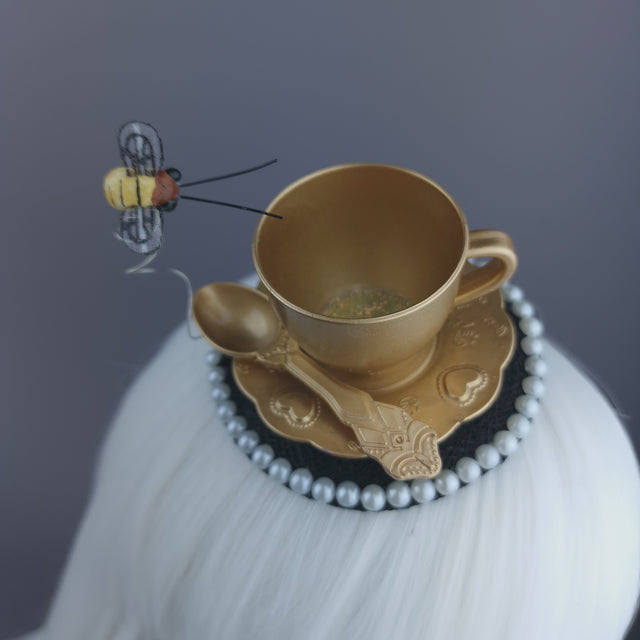 Pearls & Swine Gold Teacup & Bee Mini Fascinator "TeaTime"