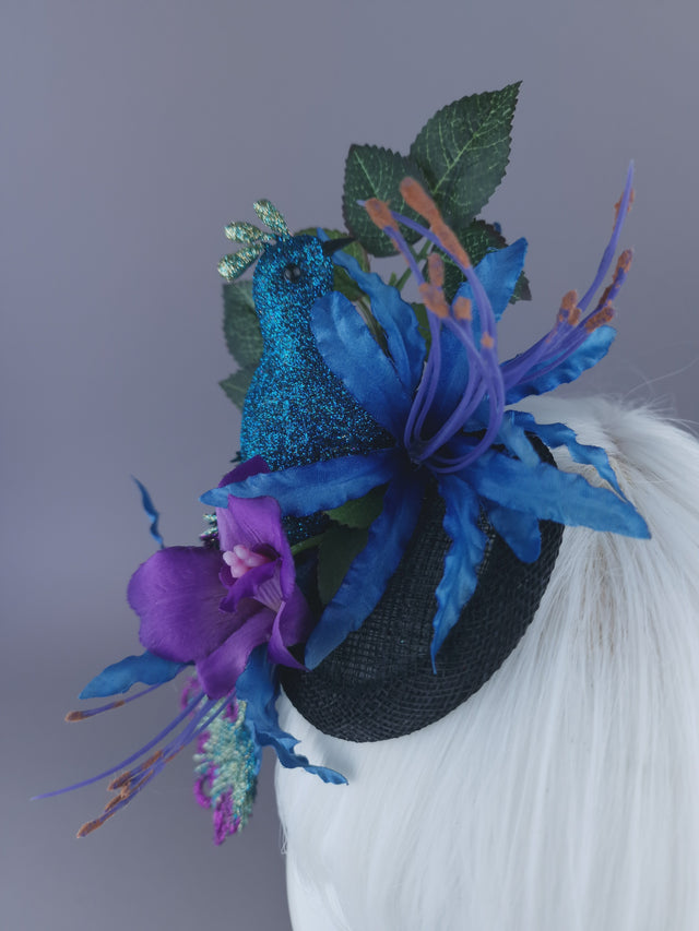 "Sumaru" Glittered Peacock & Flowers Mini Fascinator