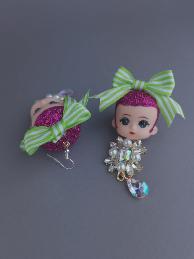 Doll Head, Bow & Jewel Earrings