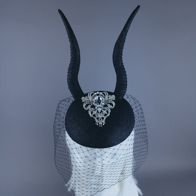 "Cernunnos" Black Glitter Horn & Veil Fascinator Hat
