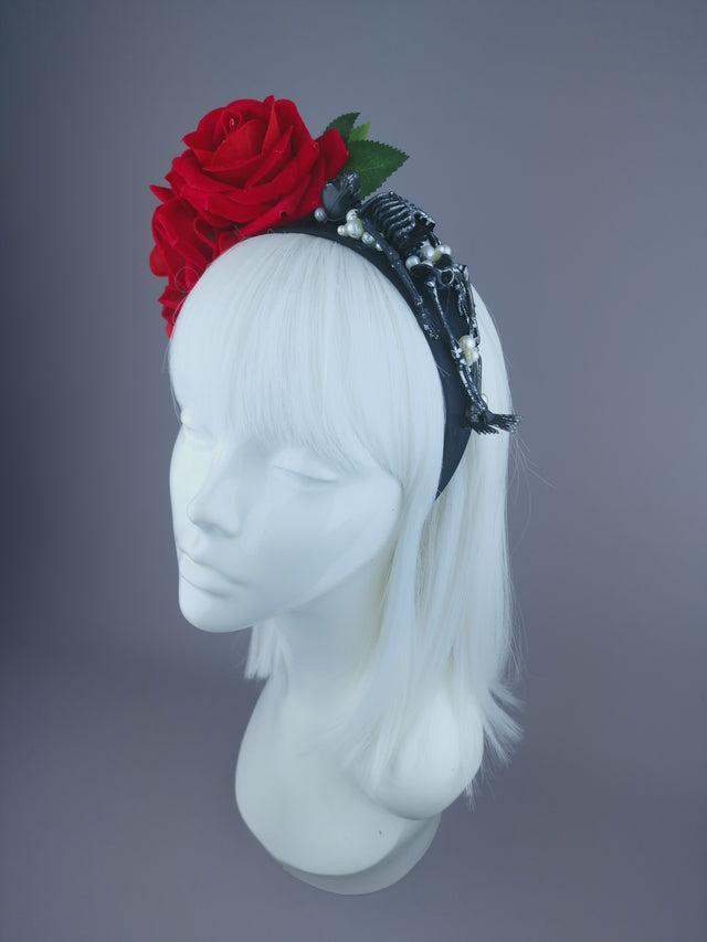 Pearls & Swine: Red Rose, Pearls & Skeleton Headband Headpiece "Buried"