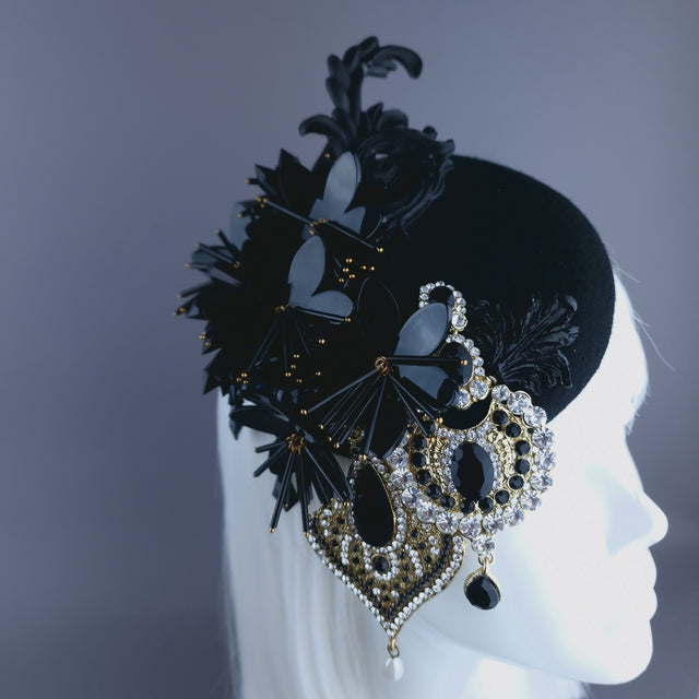 "Noir" Black Flower & Jewel Fascinator Hat