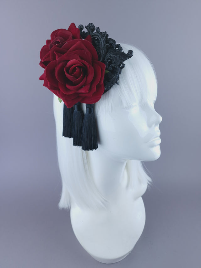 "Lola" Red Rose, Filigree & Tassle Mini Fascinator