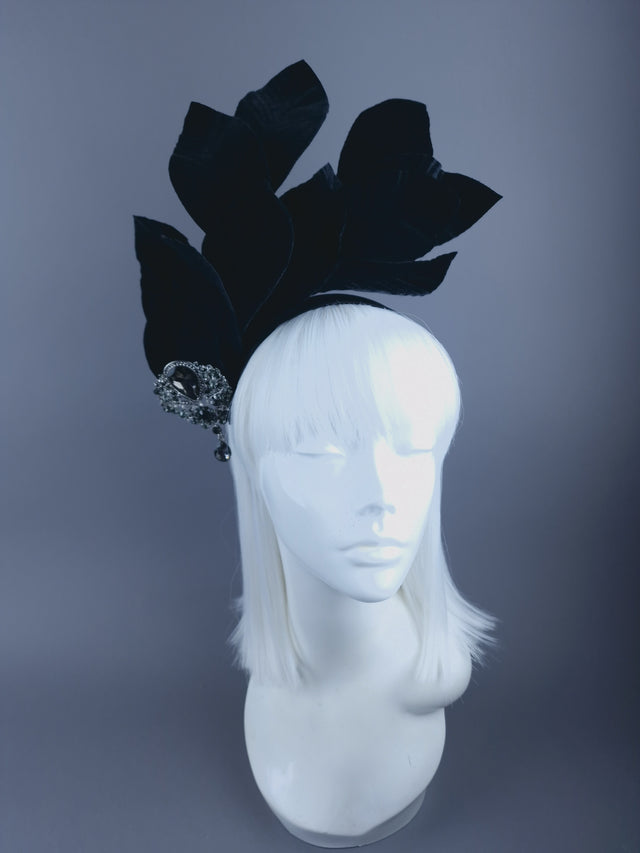 "Cristal" Black Velvet Leaf Headdress with Jewel