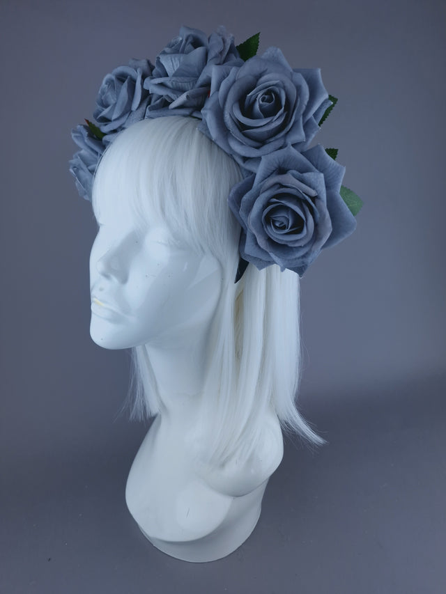 "Eva" Grey Velvet Rose Flower Headdress & Neckpiece