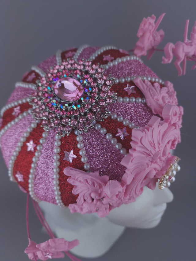 Pearls & Swine: Pink & Red Circus Carousel Wired Veil Hat "Cirque Forever"