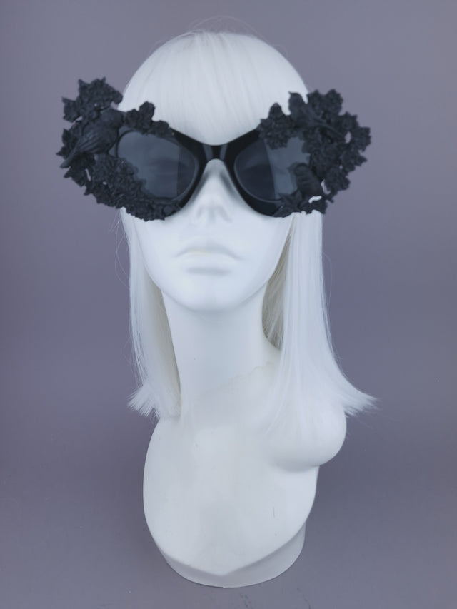 "Lilith" Black Bird & Flowers Filigree Catseye Sunglasses