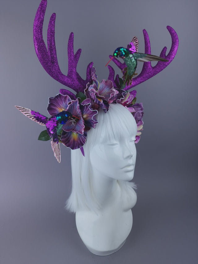 Pearls & Swine: Maximalist Purple/Pink Floral Deet Horn Headdress with Hummingbirds