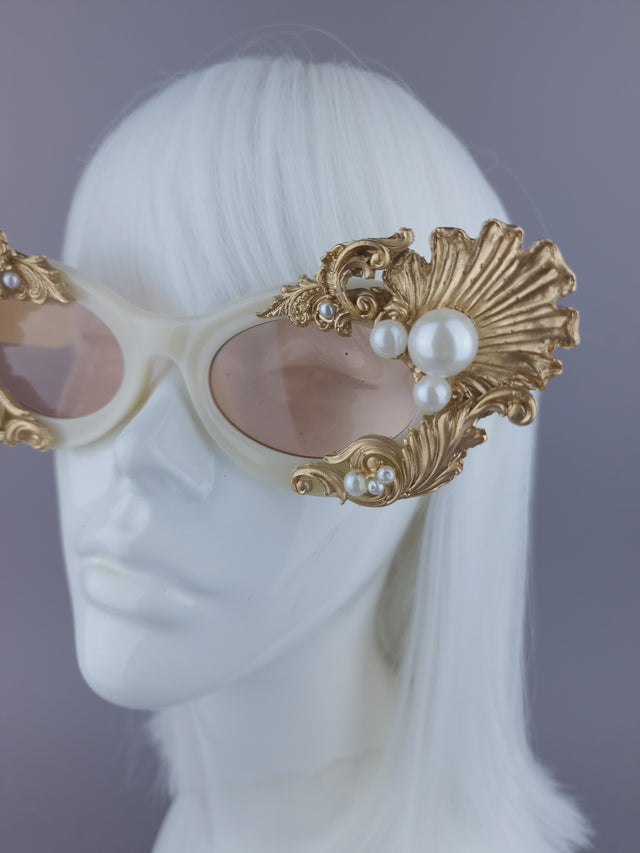 Pearls & Swine: Gold Shell, Filigree & Pearl Sunglasses "Coquillage"