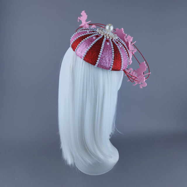 "Cirque Love" Pink, Red & Pearl Circus Carousel Wired Veil Hat