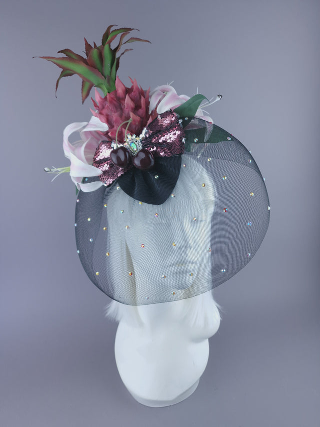"Tuti" Pink Pineapple Flower Veil Fascinator