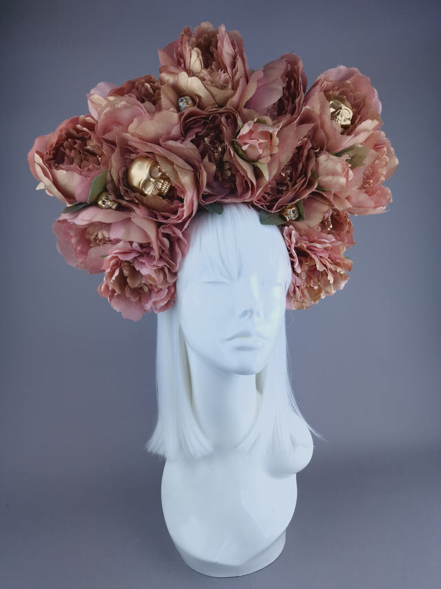 "Aya" Dusky Pink & Gold Peony Headdress with Skulls