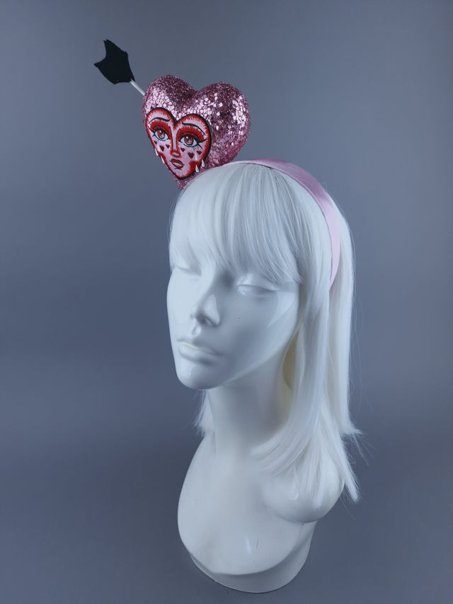 "Crush" Pink Glitter Heart with Embroidery Face Headdress