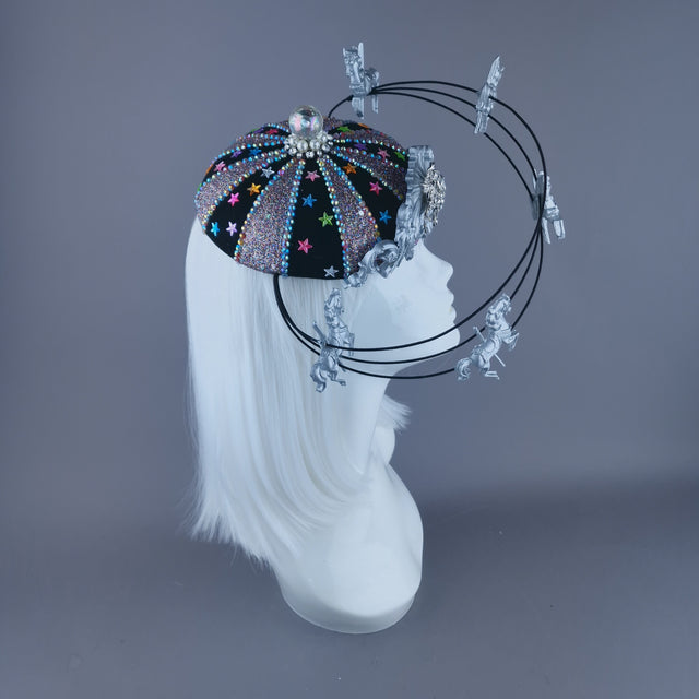 "Cirque Forever" Black, Silver & Colourful Circus Carousel Wired Veil Hat