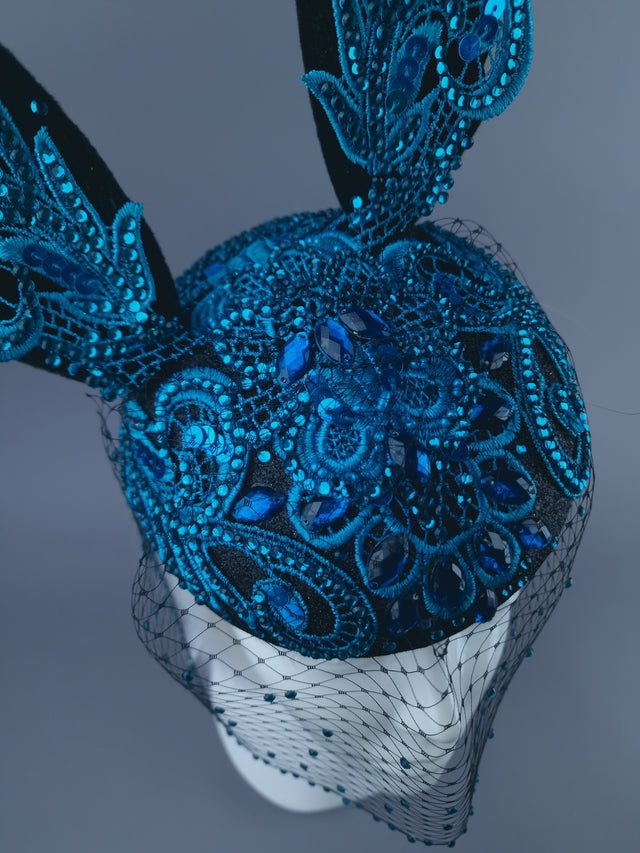 "Luhlaza" Blue Lace Bunny Rabbit Ear Fascinator Hat