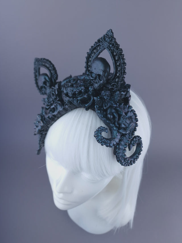 "Ruína" Teal Filigree Angel Cat Ear Fascinator Hat