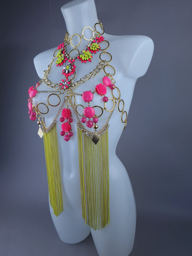 "Hermia" Neon Yellow & Pink Jewel & Chain Harness