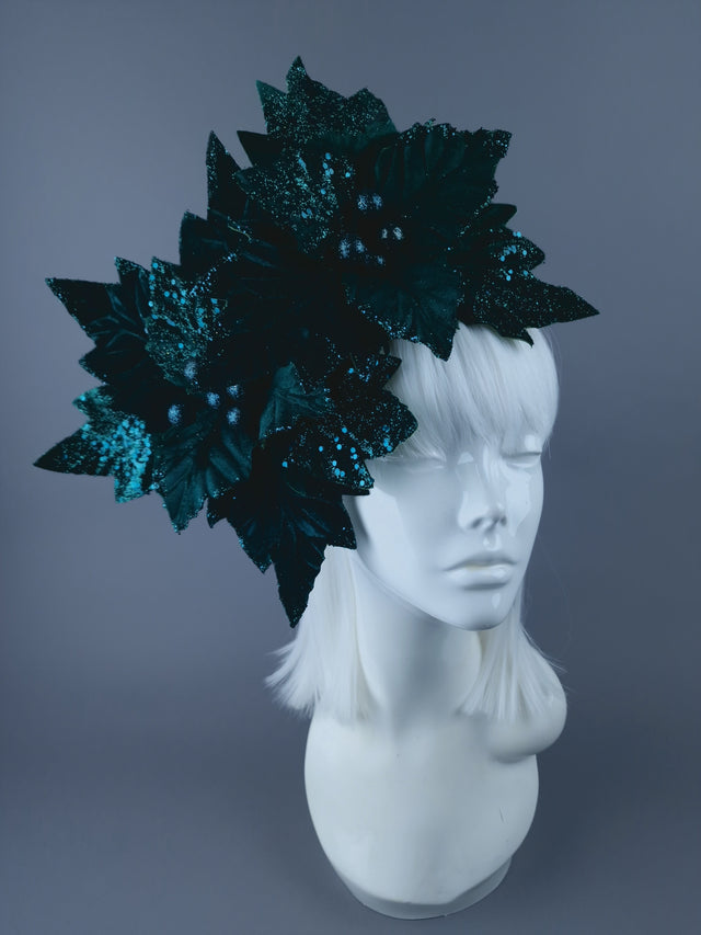 Dark Teal Green Poinsettia Xmas Headdress