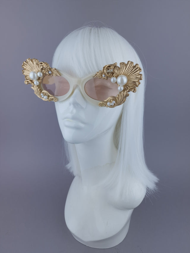 Pearls & Swine: Gold Shell, Filigree & Pearl Sunglasses "Coquillage"