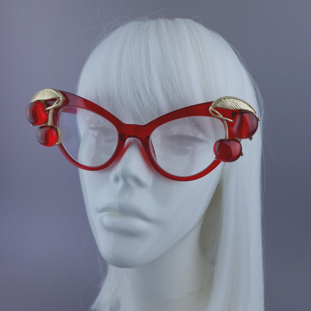 Pearls & Swine: Red Cherry Cateye Sunglasses with Clear or Prescription Lenses