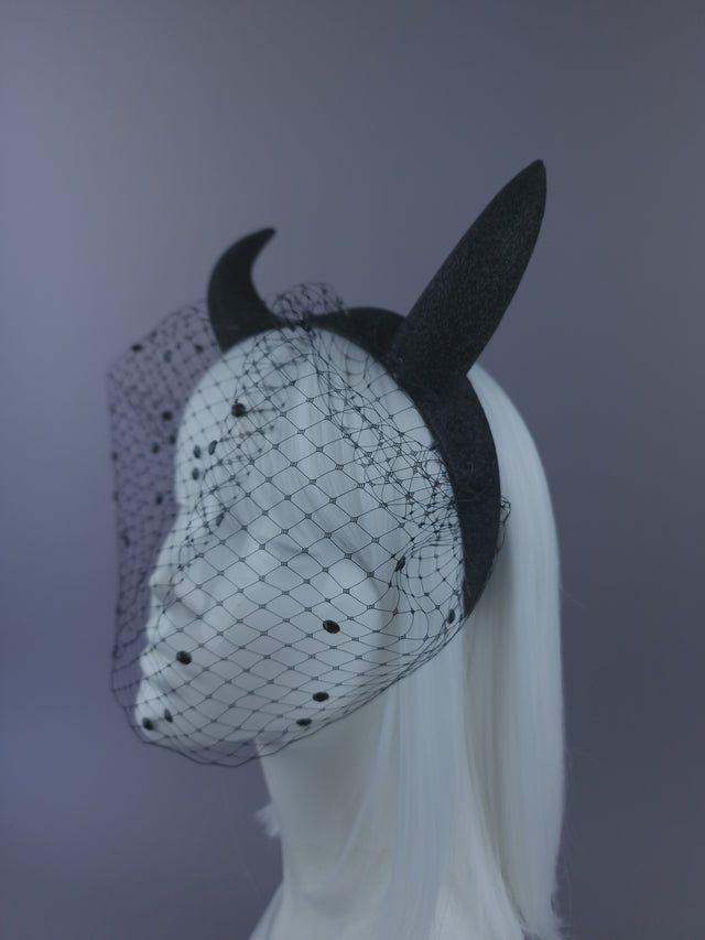 Pearls & Swine: Large Black Glitter Devil Horn Veil Headpiece "Hot Stuff"