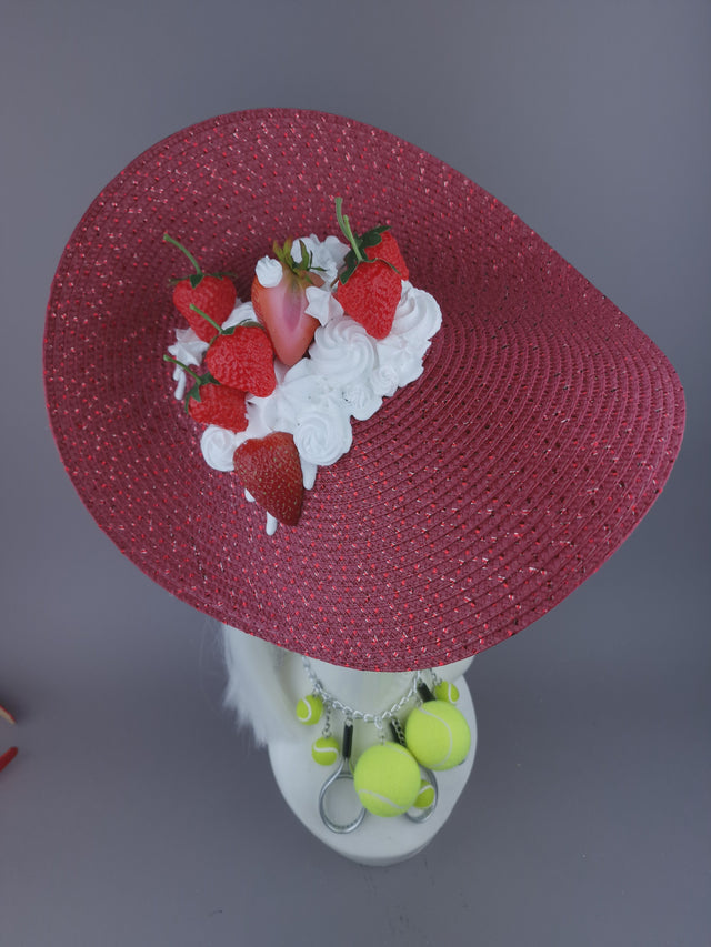 Pearls & Swine: Bespoke Commission Wimbledon Strawberries & Cream Hat with Tennis Ball & Racket Necklace