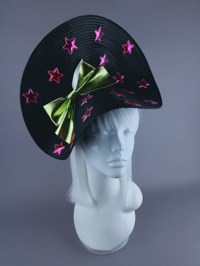 "Twinx" Green Bow with Pink Stars Black Hat