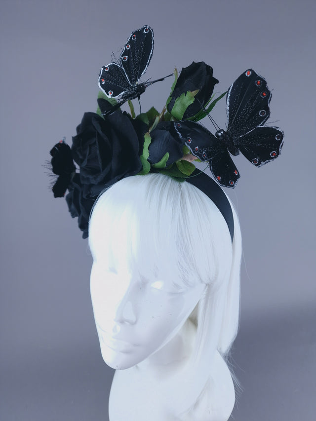 "Devaki" Black Rose & Butterfly Flower Headdress