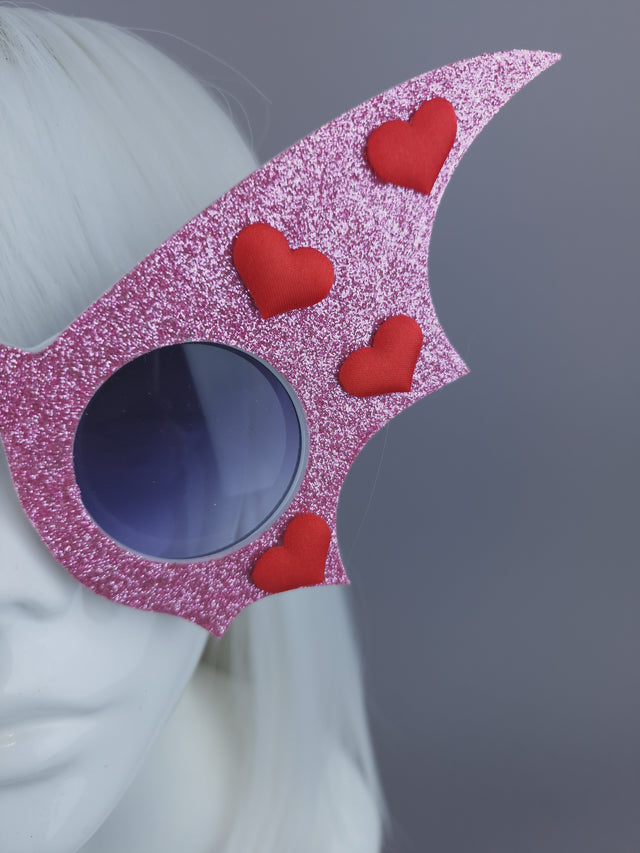Peaeks & Swine: Pink Glitter & Red Heart Bat Wing Sunglasses "The Night Flier"