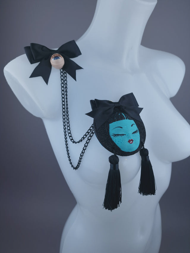 Blue Dollface & Blinking Eye Necklace Brooch Jewellery