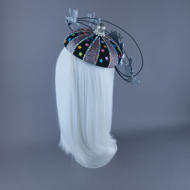 "Cirque Forever" Black, Silver & Colourful Circus Carousel Wired Veil Hat