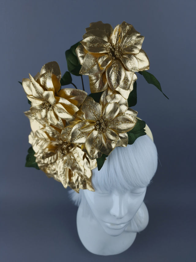 Metallic Gold Poinsettia Xmas Headdress