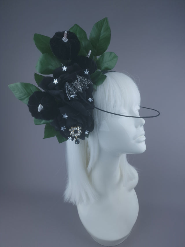 Pearls & Swine: Black Roses & Bat Headband Headpiece "Belfry"