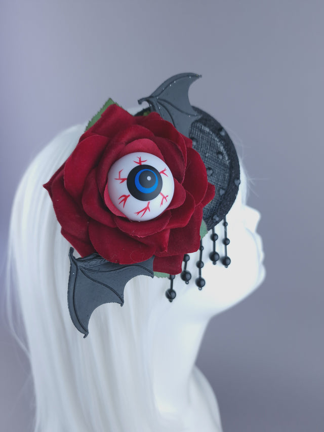 "Demiana" Red Rose, Eyeballs, Bat Wing Mini Fascinator