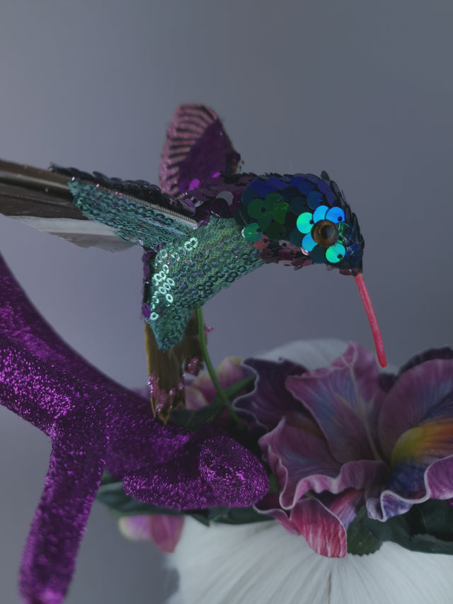 Pearls & Swine: Maximalist Purple/Pink Floral Deet Horn Headdress with Hummingbirds